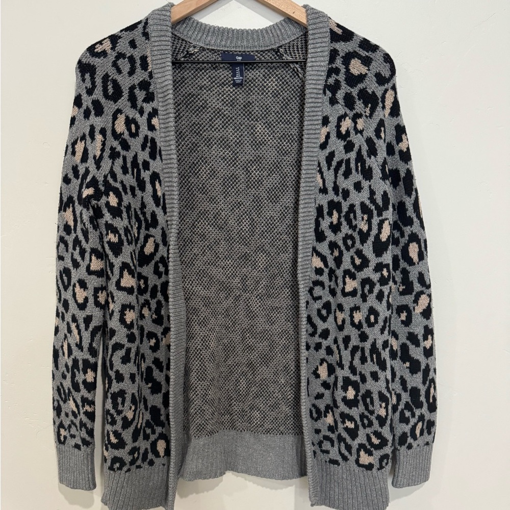 Gap Open Front‎ Cheetah Print Gray Cardigan Women’s Small 100% Cotton